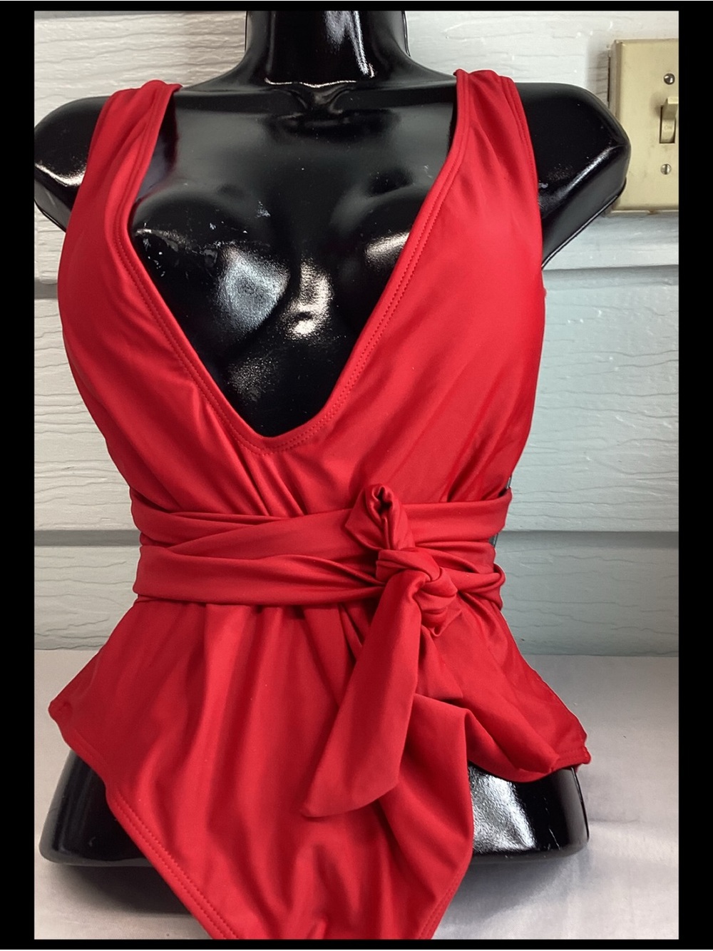 Red Deep V Wrap-Front Womens Top with Waist Tie